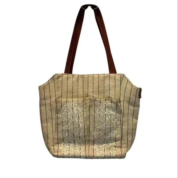 Tommy Bahama paradise flower linen and leather embroidered tote - Picture 2 of 8